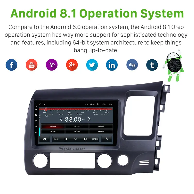 Clearance Seicane 2din Android 8.1 9inch Car Multimedia player For Honda Civic 2006 2007 2008 2009 2010 2011 GPS car radio support AUX USB 2