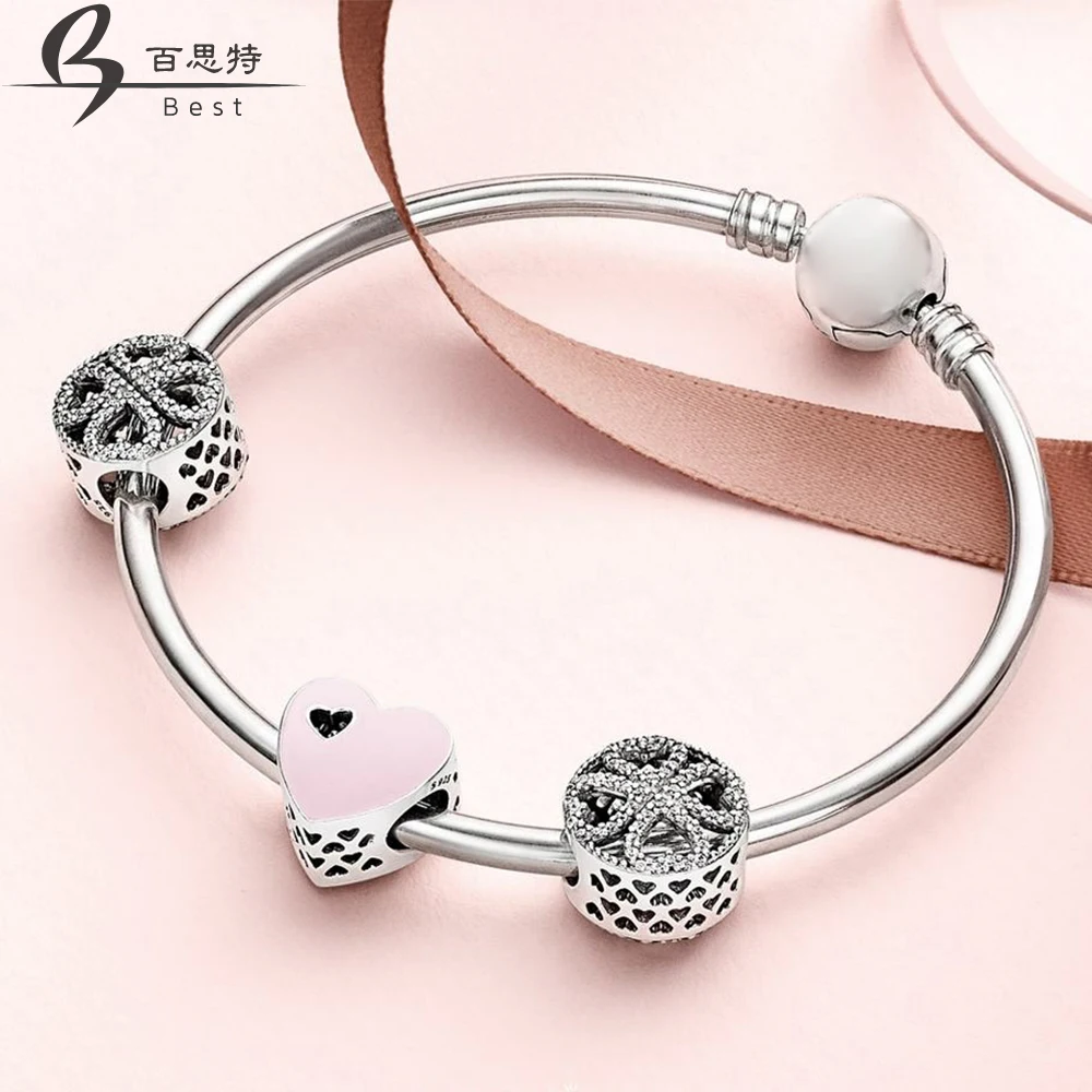 

BEST 100% 925 Sterling Silver SWEET LOVE HEART CHARM Petals of Love Four-leaf Clover Beaded Bracelet Bangle Gift Set