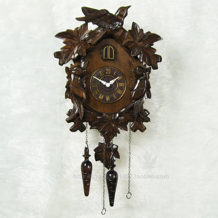Светочувствительный интеллигентая(ый) Время/цельную древесину, выгравированный вручную/немой часы с кукушкой/гравировка листья птицы