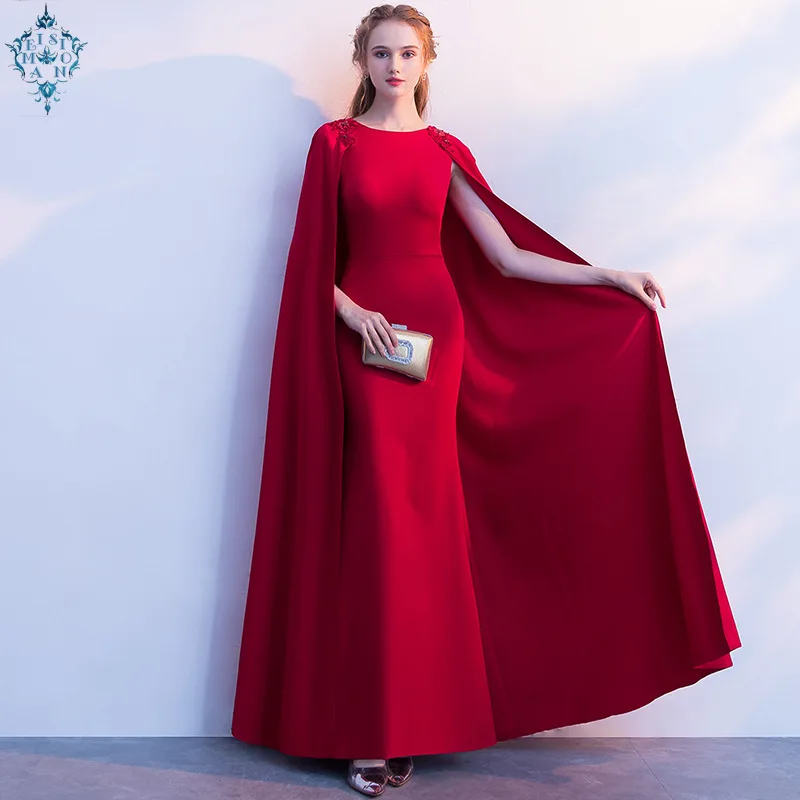 

Ameision Simple Red O-Neck Full Cap Sleeve Cape Zipper Dinner Party Formal Dress A-line Floor Length Evening Dress