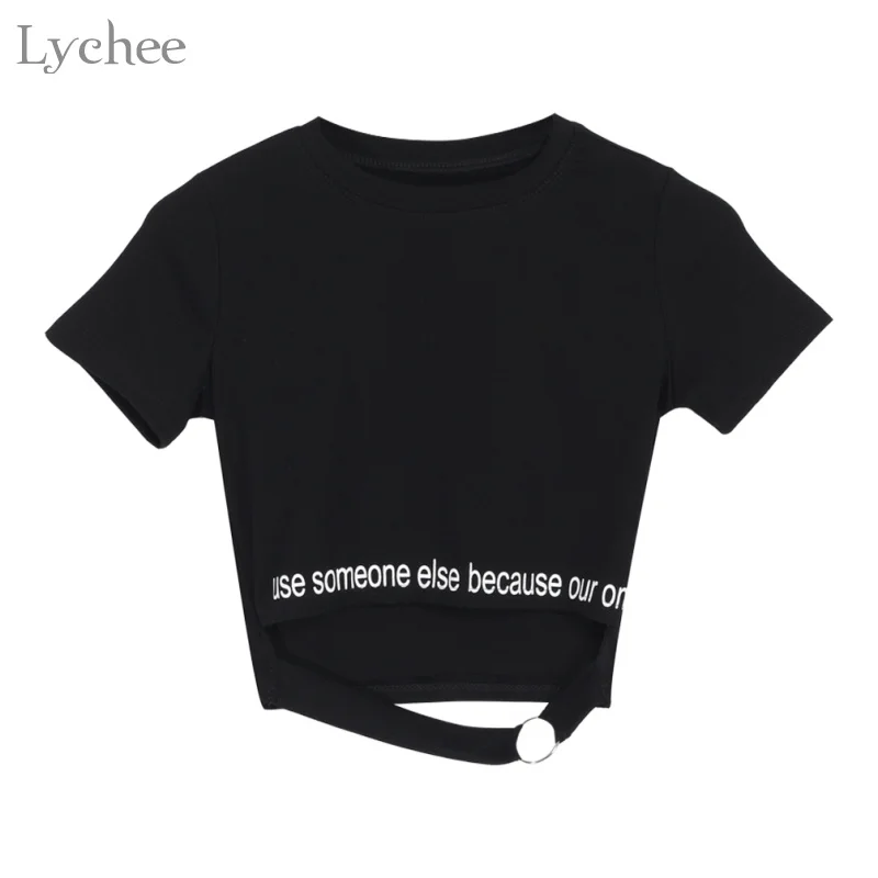 

Lychee Sexy Punk Summer Women Crop Top Letter Print Ring Hollow Out Short Sleeve T Shirt High Street Tee Top