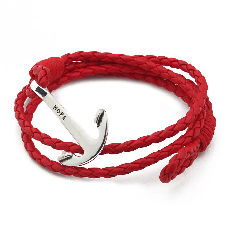 NIUYITID мужские браслеты кожаный браслет ювелирные изделия 40 см длина коричневая веревка из полиуретана Серебряный якорь человек Шарм Braclet аксессуары - Окраска металла: red silver