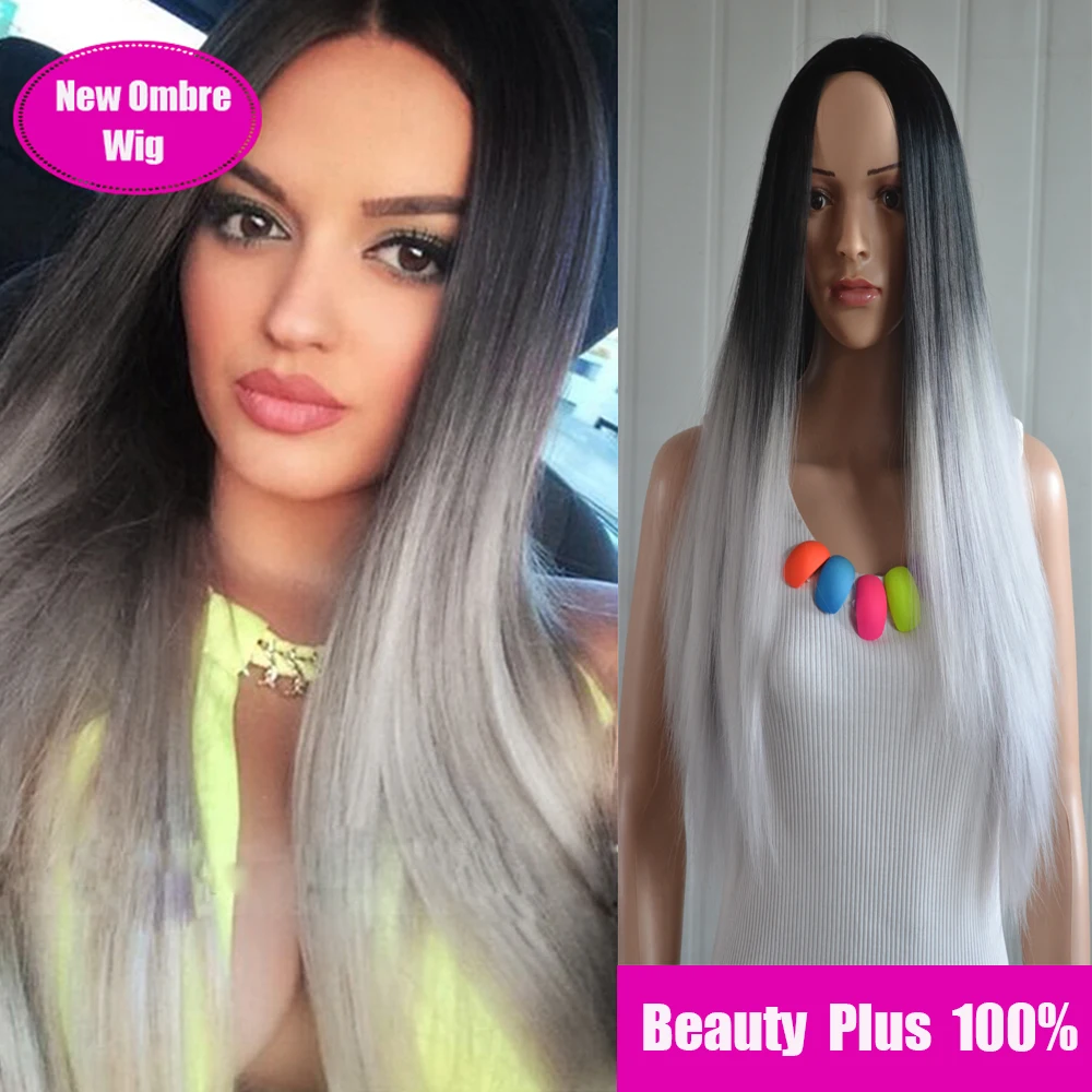 

New Women Ladies Long Ombre Grey Wig straight Elegant Heat Resistance Synthetic Anime Cosplay Wigs Perucas ombre wig free gifts
