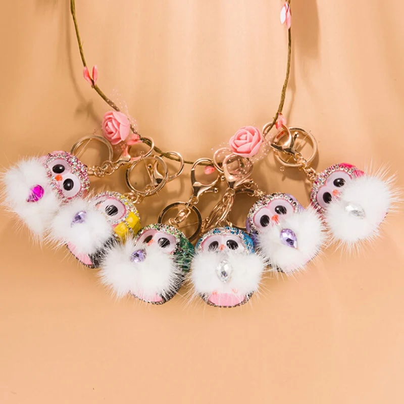 Cute Animal Owl Rhinestone Keychains Fluffy Key Chains Buckle Holders Bag Car Charm Pendant Key