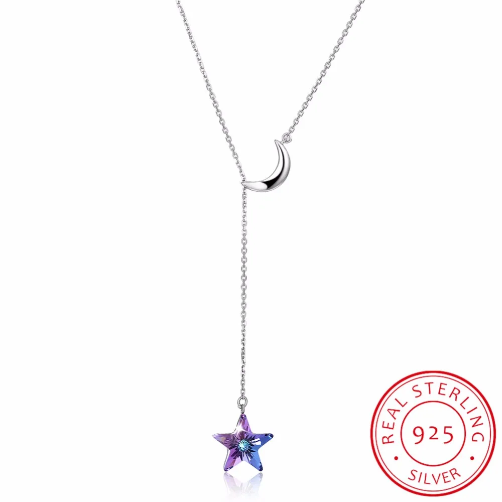 

LEKANI Crystals From SWAROVSKI Long Chain Necklaces Pendants Real 925 Silver Moon Star Collares For Women Gifts Fine Jewelry