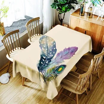 

Colorful Feather Tablecloth Creative Bird Flower Retro Pattern Polyester Comfortable Waterproof Table Cloth Cover for Home