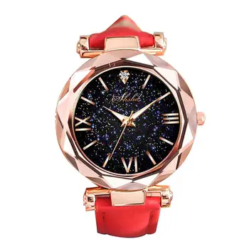 

Quartz Movement Female Watch Starry Sky Round Dial Roman Number Faux Leather Band Women Quartz Wrist Watch Scale Female Belt Wat