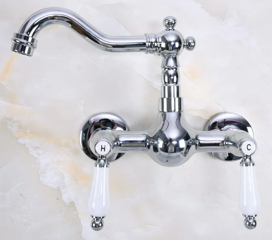 Polished Chrome Brass Wall Mounted Double Ceramic Handles Levers Bathroom Kitchen Sink Faucet Mixer Tap Swivel Spout anf959