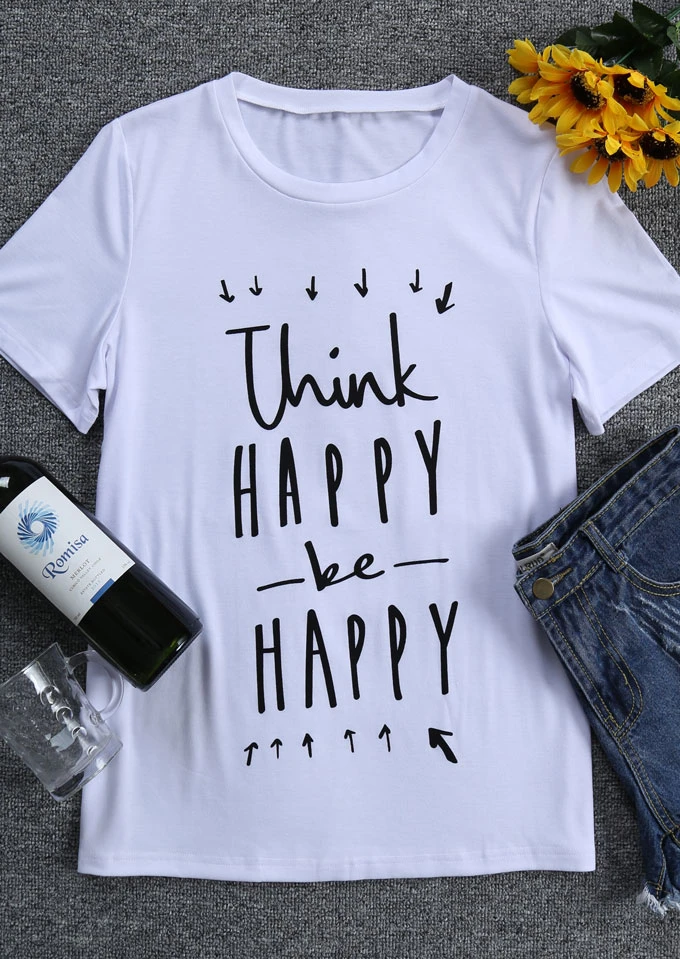 Camiseta Think Happy Be Happy mujer, ropa de cuello redondo, grunge, tumblr, regalo|Camisetas| - AliExpress