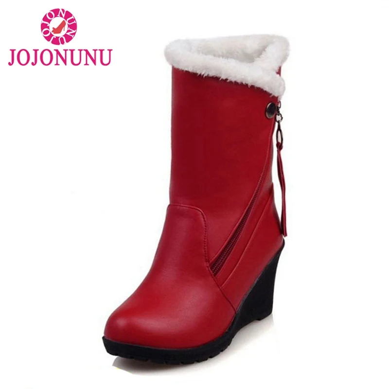 

FITWEE Size 30-52 Woman Round Toe Wedge Mid Calf Boots Women Thickened Fur Winter Warm Snow Botas High Quality Shoes Footwear