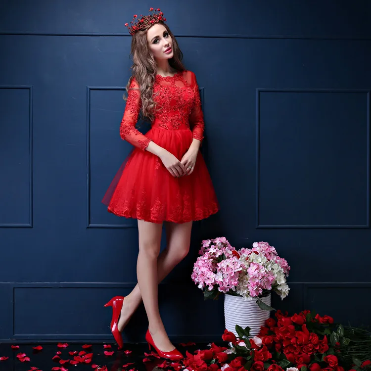 CEEWHY, длинные рукава, вышитые платья для выпускного вечера, бисерное официальное платье выше колена, платье для коктейля, платья для выпускного вечера - Цвет: red