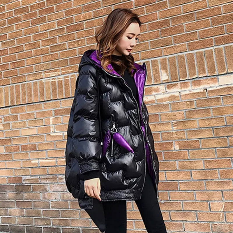 Зимняя женская куртка пальто модные яркие пуховики Толстая средняя длинная одежда теплая Женская свободная Куртка парка с капюшоном HS114 - Цвет: Black