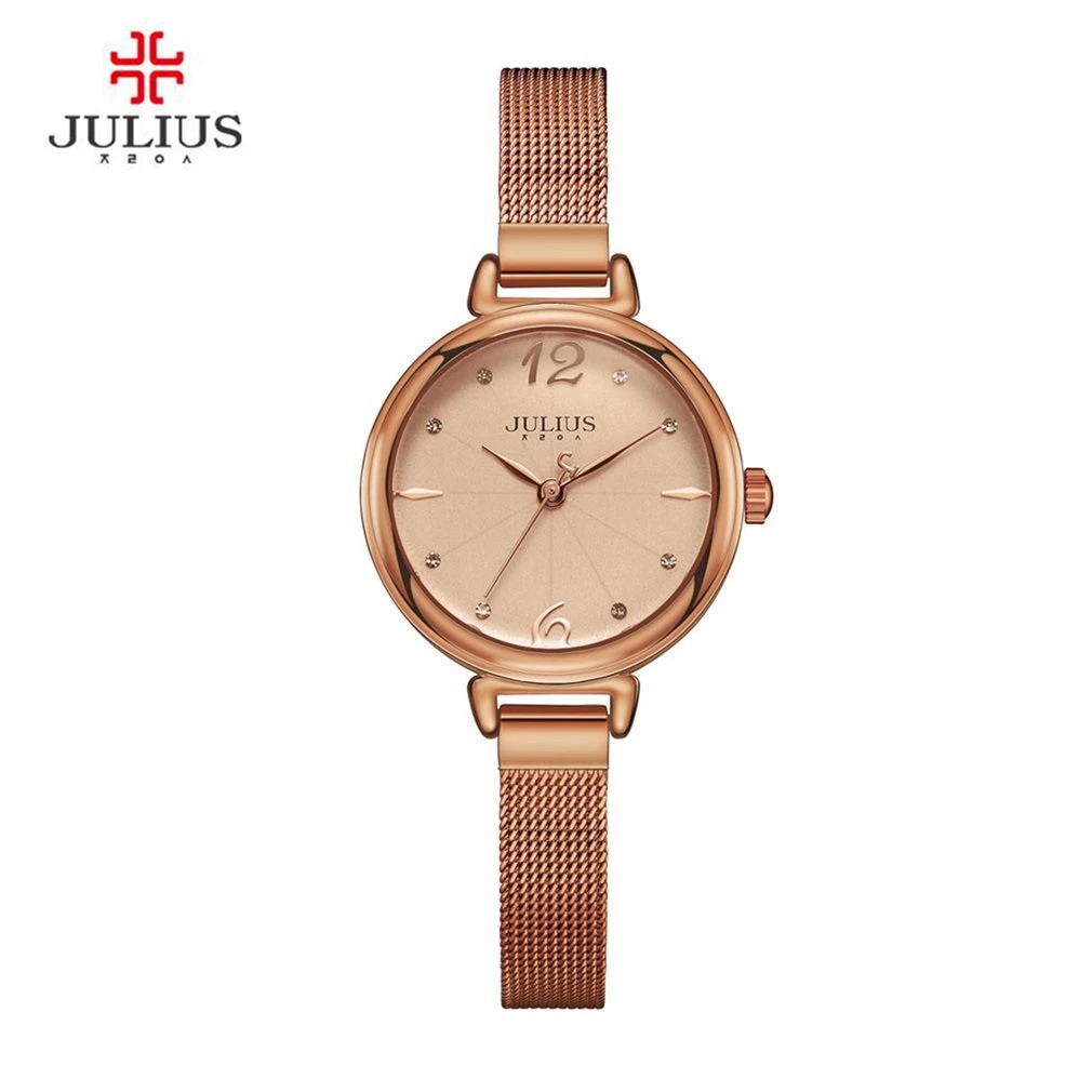 

JULIUS Waterproof Ladies Rose Gold Watch Round Dial Steel Slim Mesh Band Women's Quartz Dress Watch with Gift Box Clock JA-934