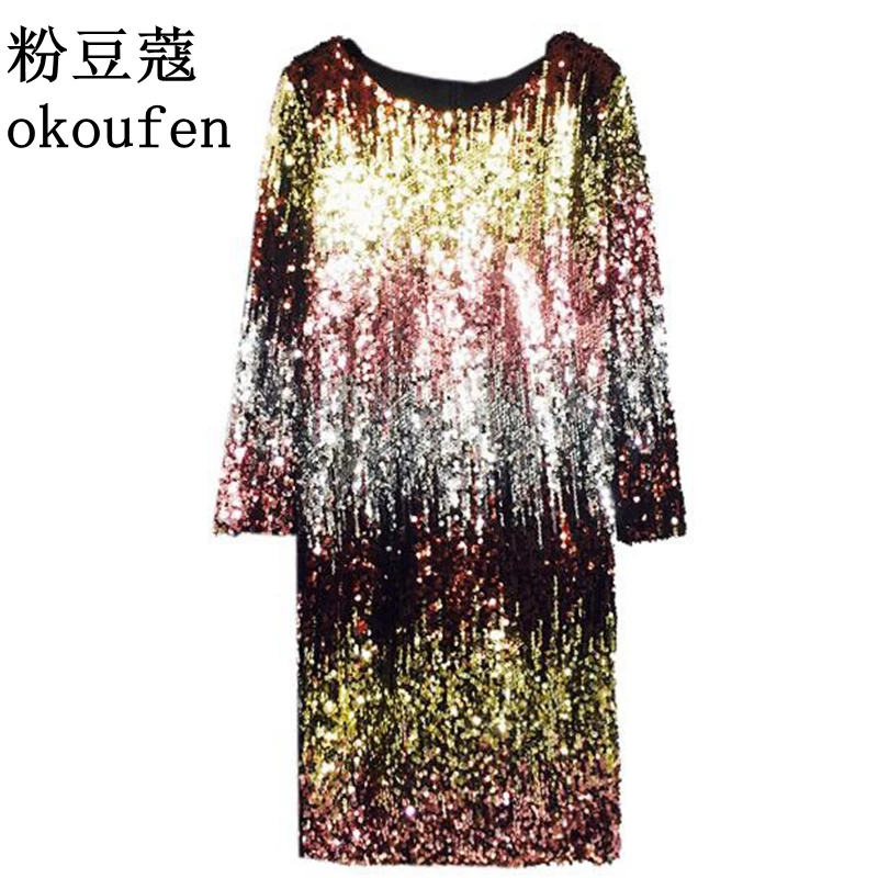 

2018 spring new European and American heavy beaded gradient sequin bling slim ladies dress