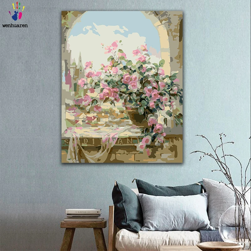

DIY colorings pictures by numbers with colors Pink rose on the windowsill picture drawing painting by numbers framed Home