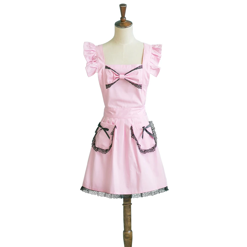 Image Kitchen Apron Woman Cooking Black Pink Cotton Lolita Bow knot Ruffled Salon Apron Cosplay Waitress Avental de Cozinha Divertido