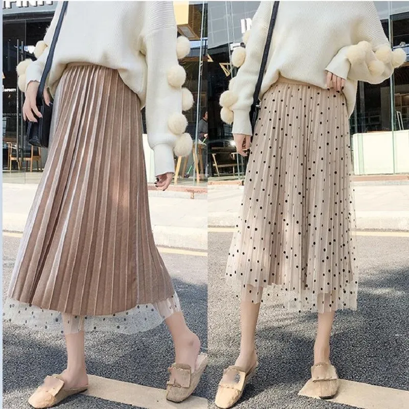 

Polka Dot Pleated Skirt 2019 Velvet High Waist Long Skirts Womens Maxi Skirt Girls School Skirt Female Two Side Wear Mesh Skirts