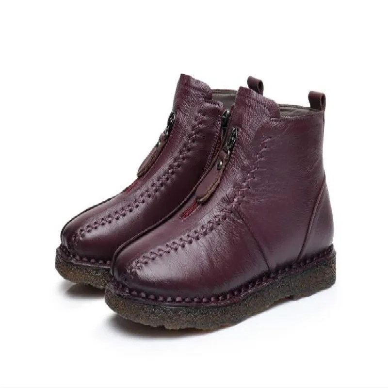 

RUSHIMAN 2018 New National Style Retro hand leather black boots Soft bottom with large size suede Middle Old Girl Cotton Boots