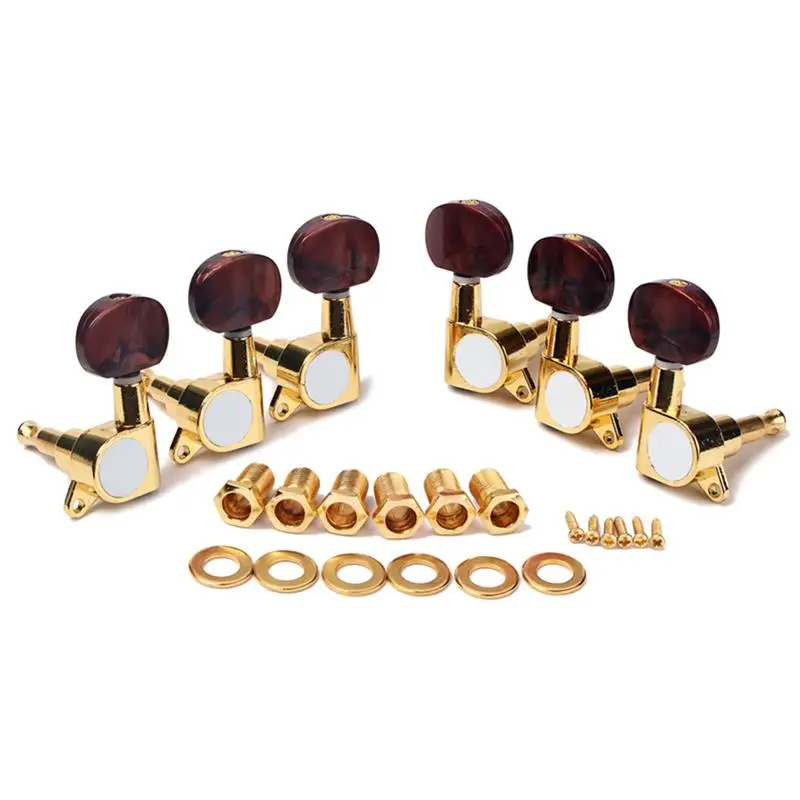 3L3R Enclosed Gold Tuning Pegs Machine Head Tuners w/ Amber Brown Plastic Buttons for Acoustic