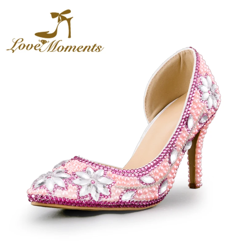 

Love Moment Thin High Heel Pumps woman wedding shoes pink/white/red party dress shoes Delicate crystal Ladies Pointed Toe shoes