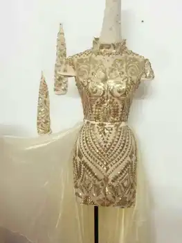 

2017 Fashion Gold Sequins Sexy Evening Outfit Clothing Dress One-piece Dresses Big Bright Rhinestones Sleeveless Dress