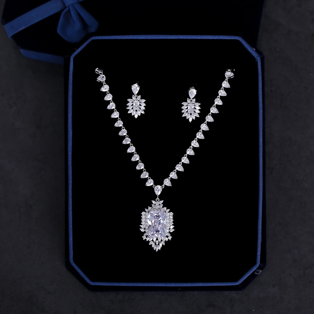 Luxury Cubic Zirconia Necklace Statement Dangle Earrings Jewelry Sets