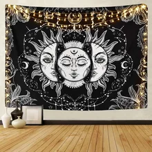 Tapiz de Mandala de Luna y sol blanco y negro, tapiz de pared Celestial, tapiz Hippie, alfombras de pared, tapiz psicodélico para decoración de dormitorio