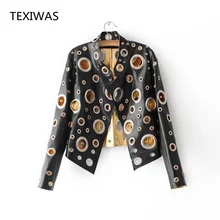 TEXIWAS, Женская Роскошная куртка, новинка, куртка из искусственной кожи, с металлическими круглыми заклепками, с отверстиями, верхняя одежда, верхняя одежда