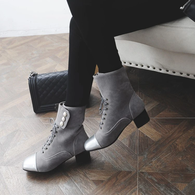 

Big Size 11 12 13 14 15 16 Suede square head thick heel color matching front lace cross strap in tube square heel Martin boots