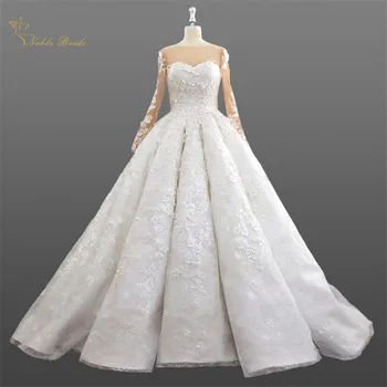 

High Quality Luxurious Ball Gown Lace Wedding Dress Long Sleeves Cathedral Train Longo Pakistanni Bridal Dresses