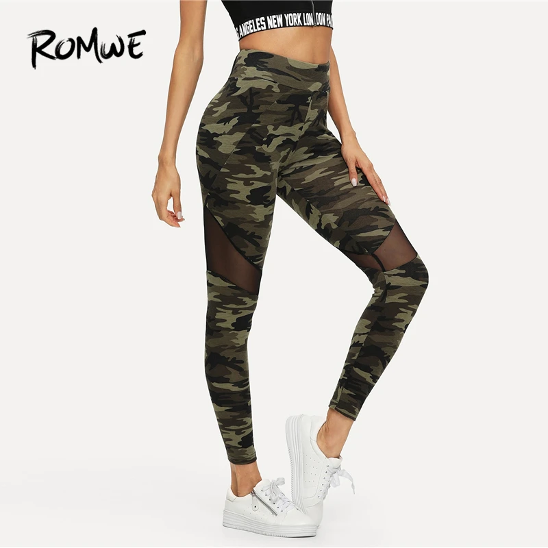 

ROMWE Contrast Mesh Insert Camouflage Print Leggings 2019 Fabulous Women Workout Leggings Chic Sportswear Skinning Leggings