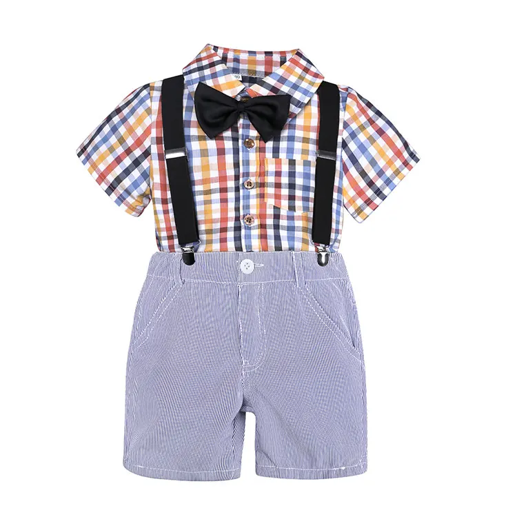 Летние Детские комплекты одежды для мальчиков Повседневный детский комплект одежды для мальчиков, клетчатая рубашка с короткими рукавами+ шорты на бретелях хлопковый комплект из 2 предметов для мальчиков