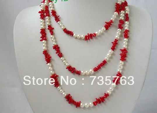 xiuli 00713 classic long 60&quot 7mm round white freshwater pearls red coral necklace | Украшения и аксессуары