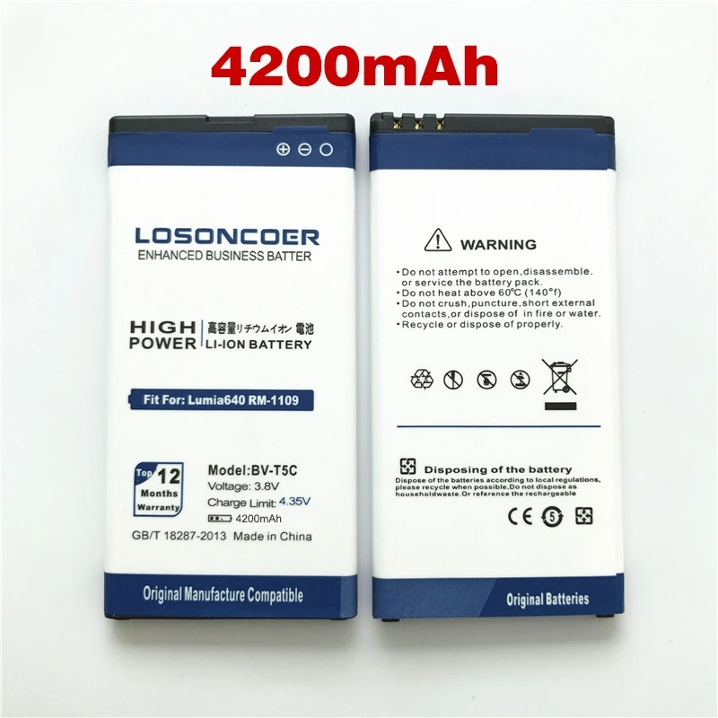 

100% Original LOSONCOER 4200mAh BV-T5C Battery for Microsoft Nokia Lumia 640 Battery RM-1109 RM-1113 RM-1072 1113 1073 Dual 1077