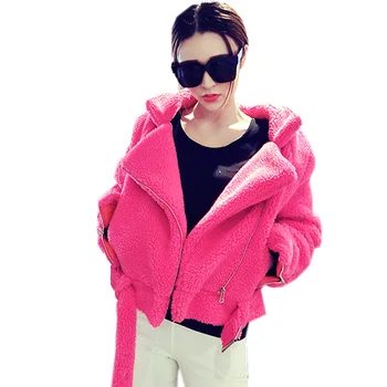 

women new winter large size loose long-sleeved short coat large lapel faux fur imitation lamb hair zipper plus cotton coat z70