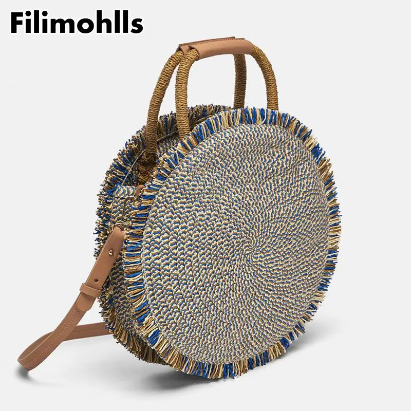 

2019 Fashion New tassel Handbag High quality Straw bag Women beach woven bag Round Tote fringed woven Shoulder Travel bag F-456