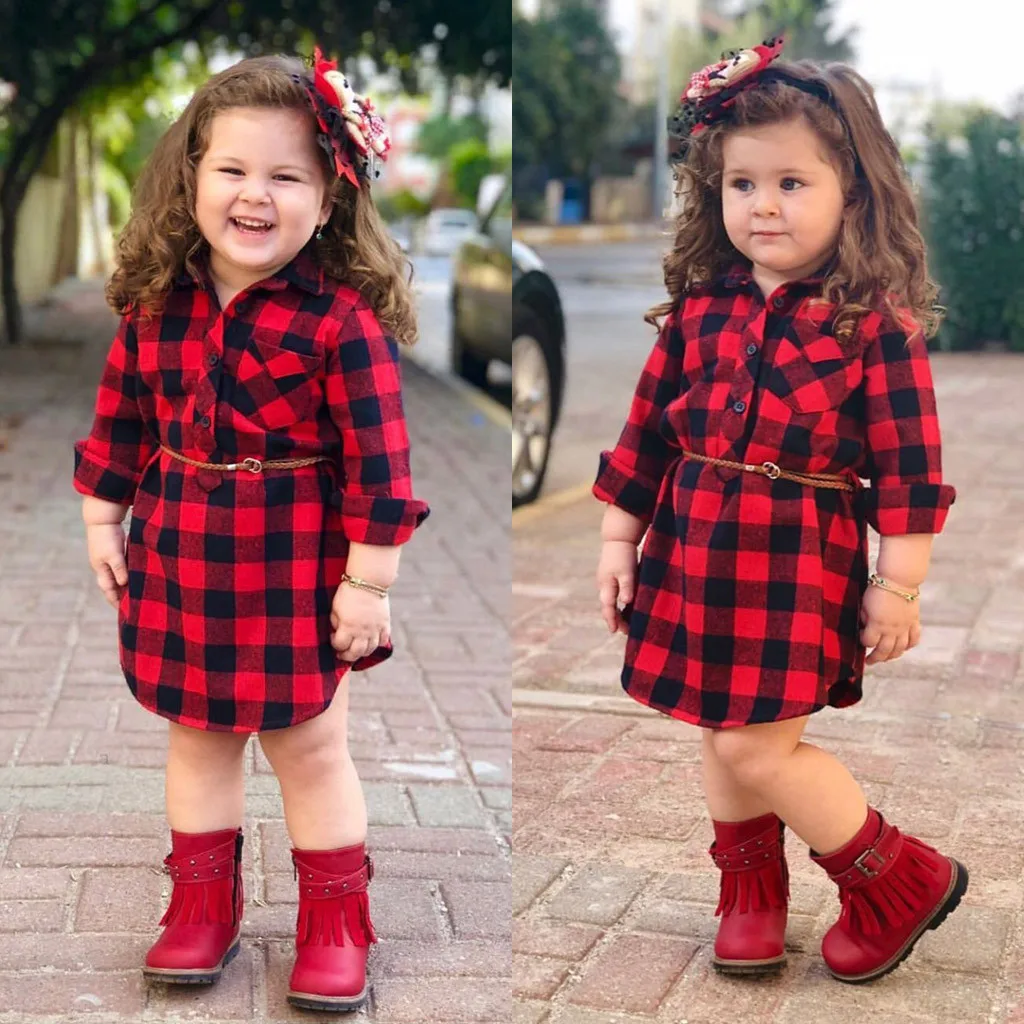 

2019 Winter Toddler Infant Baby Girls Plaid Print Princess Dresses Belt Outfits New Style Suit Fashion Casual Sports