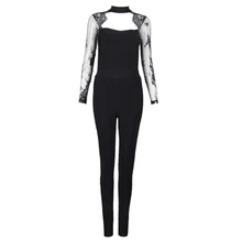 Сексуальные кружева повязку комбинезон Обнаженная бежевые, черные комбинезоны женские комбинезоны полная Длина Длинные рукава Мода Vestidos спинки