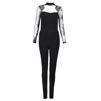 

2017 sexy lace bandage jumpsuit nude beige black rompers women jumpsuits full length long sleeve fashion vestidos backless