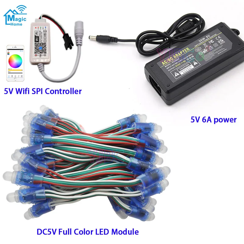 50 шт. Hi-Q DC5V полноцветный WS2811 IC пиксель rgb светодиодный модуль IP67, Wifi светодиодный контроллер SPI, 5 В 6A светодиодный адаптер питания