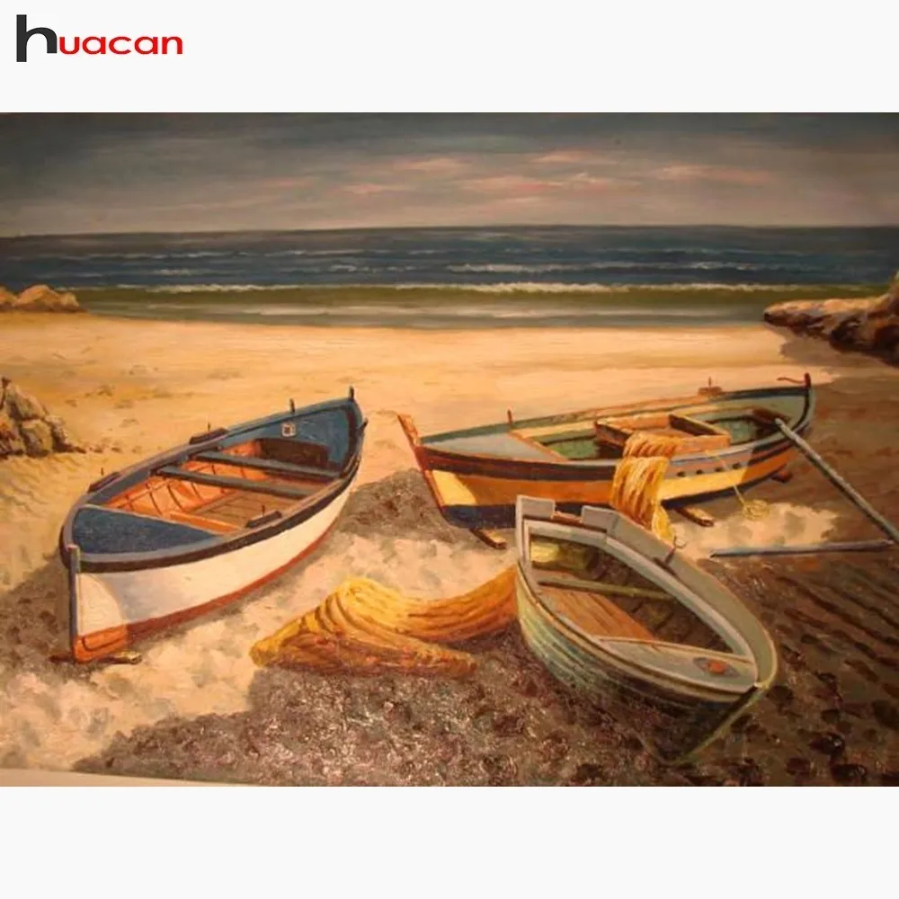 

HUACAN Diamond Mosaic Landscape 5D DIY Embroidery Diamond Painting Beach Boat Full Drill Square Home Decoration