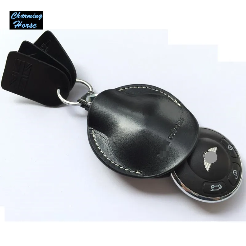 Leather Remote Key fob Case Ring Chain Bag Holder Cover For BMW Mini Cooper Convertible Clubman