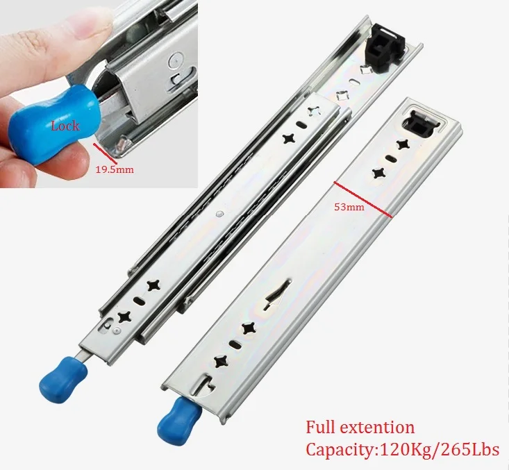 

1Pair/Lot 16-24" H53mm 120kg 265lbs Heavy Duty Telescopic ball bearing drawer slide Runner Full Extension Industrial Lock