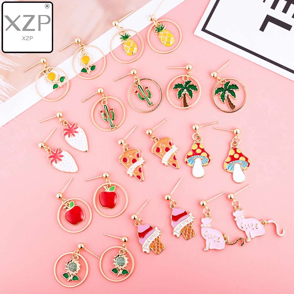 

XZP Japan Enamel Cartoon Fruit Drop Plant Earrings Cute Rabbit Pizza Ice Cream Pendant Earrings For Women Girls Jewelry Earring