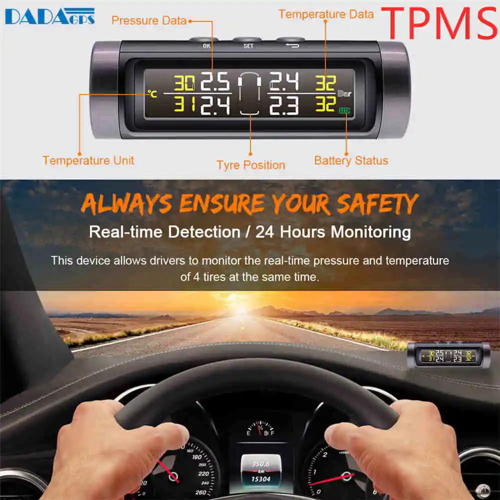 

Solar Power Internal Sensors Real-time Display TPMS tire pressure monitoring alarm system wireless transmission