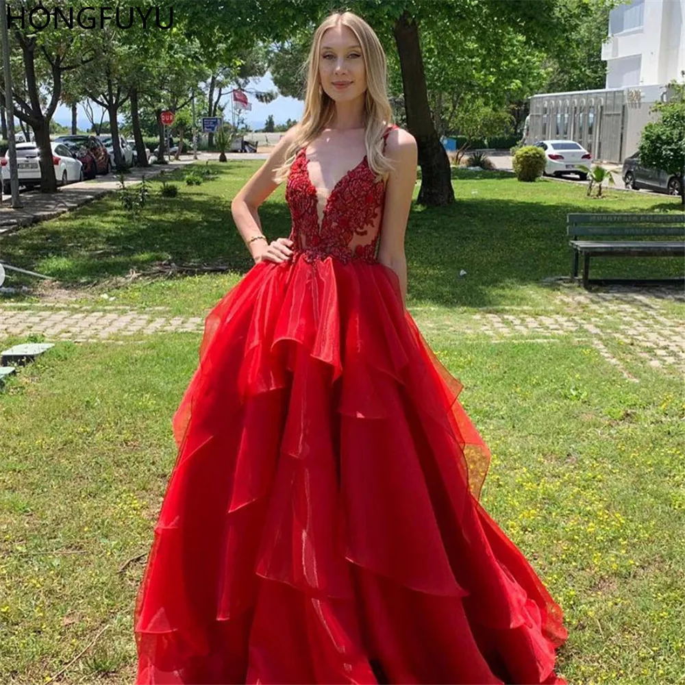 

HONGFUYU V Neck Red Prom Dress for Women Floor Length Appliques Lace Sleeveless robe de soiree Party Gowns Evening Dresses Long