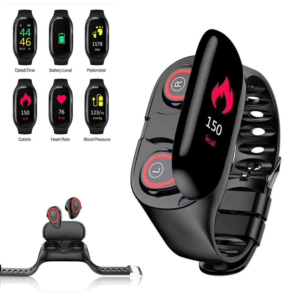 

2019 Smart Bluetooth headset bracelet TWS M1 Stereo Sports Earbuds 5.0 Wireless earphone for IOS Android Watch with Heart Rate