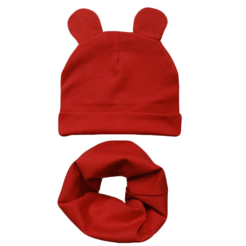 Детский набор шапки и шарфа для мальчиков и девочек, весенне-осенние детские вязаные шапки, Детские Кепки из хлопка, зимние мягкие теплые комплекты с милыми ушками - Цвет: red set