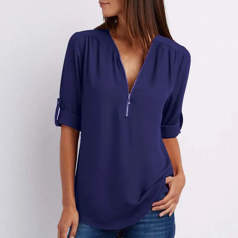 

Zipper Short Sleeve Women Shirts Sexy V Neck Solid Womens Tops Blouses Casual Tee Shirts Tops Female Clothes Plus Size