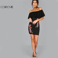 COLROVIE Summer Dress Women Black Sexy Off Shoulder Embroidery Party Dresses 2017 Rose Applique Ruffle Elegant Bodycon Dress